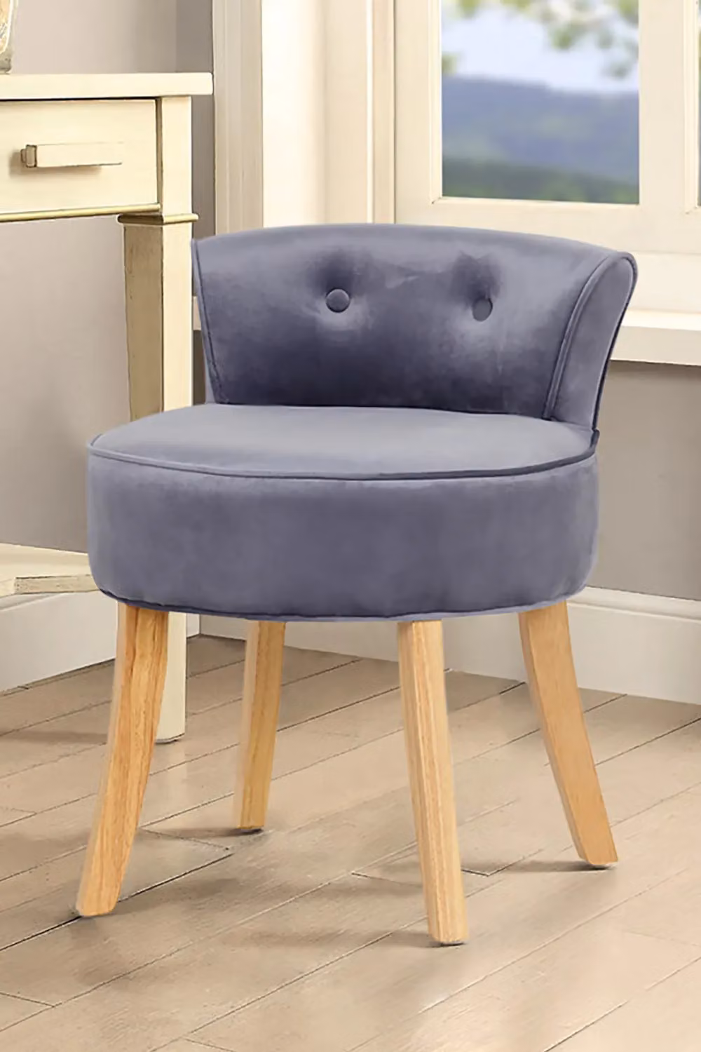 Living and Home Grey Velvet Low Backrest Dressing Stool with Log Colour Wood Legs – 2