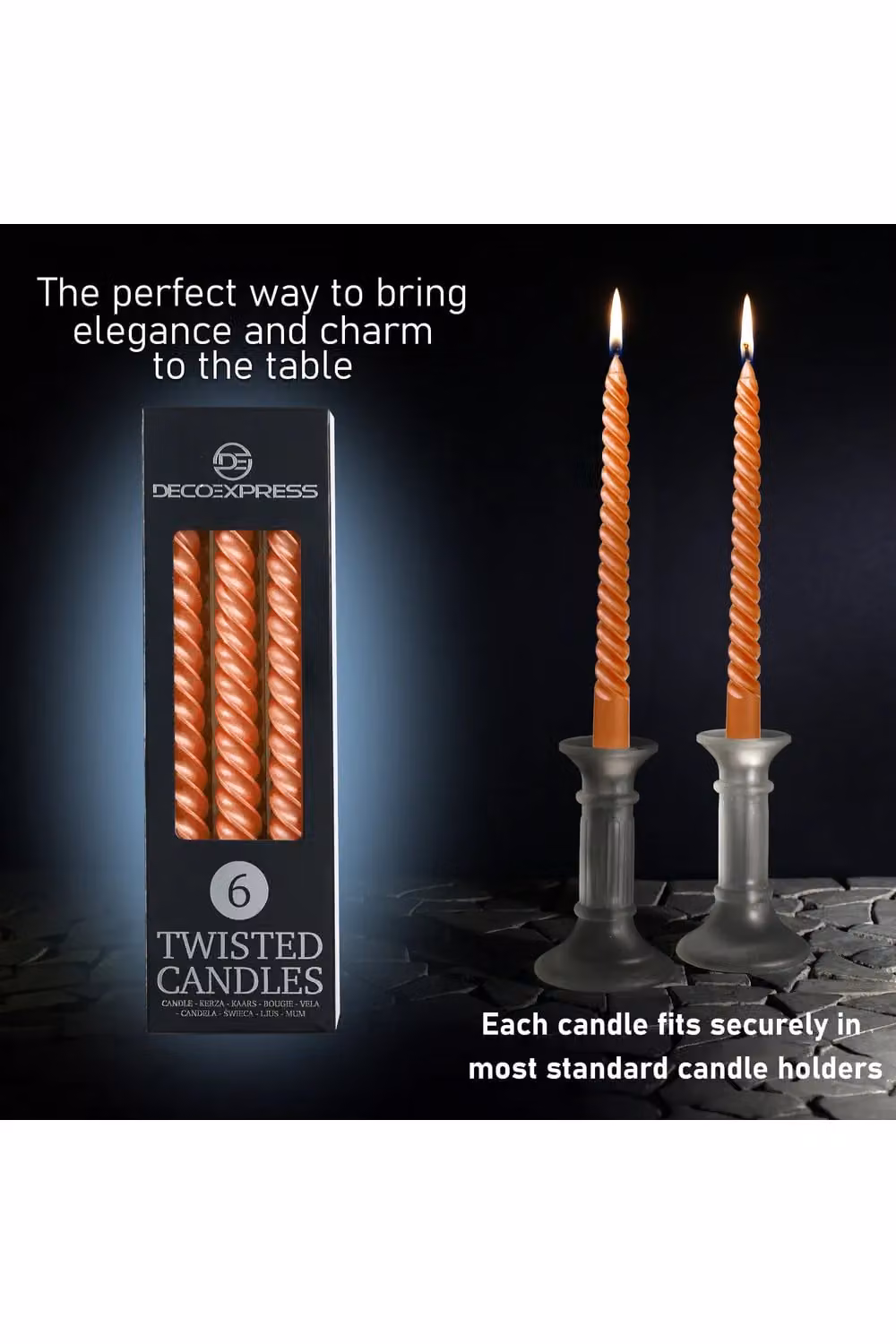 Deco Express Non-Drip Twisted Unscented Dinner Candles, Metallic Orange, Pack of 6 – 8