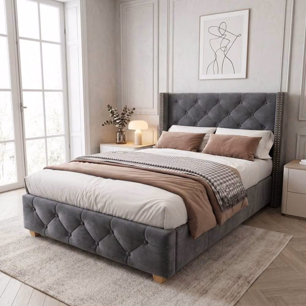 ModernLuxe Grey Velvet Upholstered Single Bed with Headboard and Wooden Legs, W/D/H: 90 x 190 cm – 2