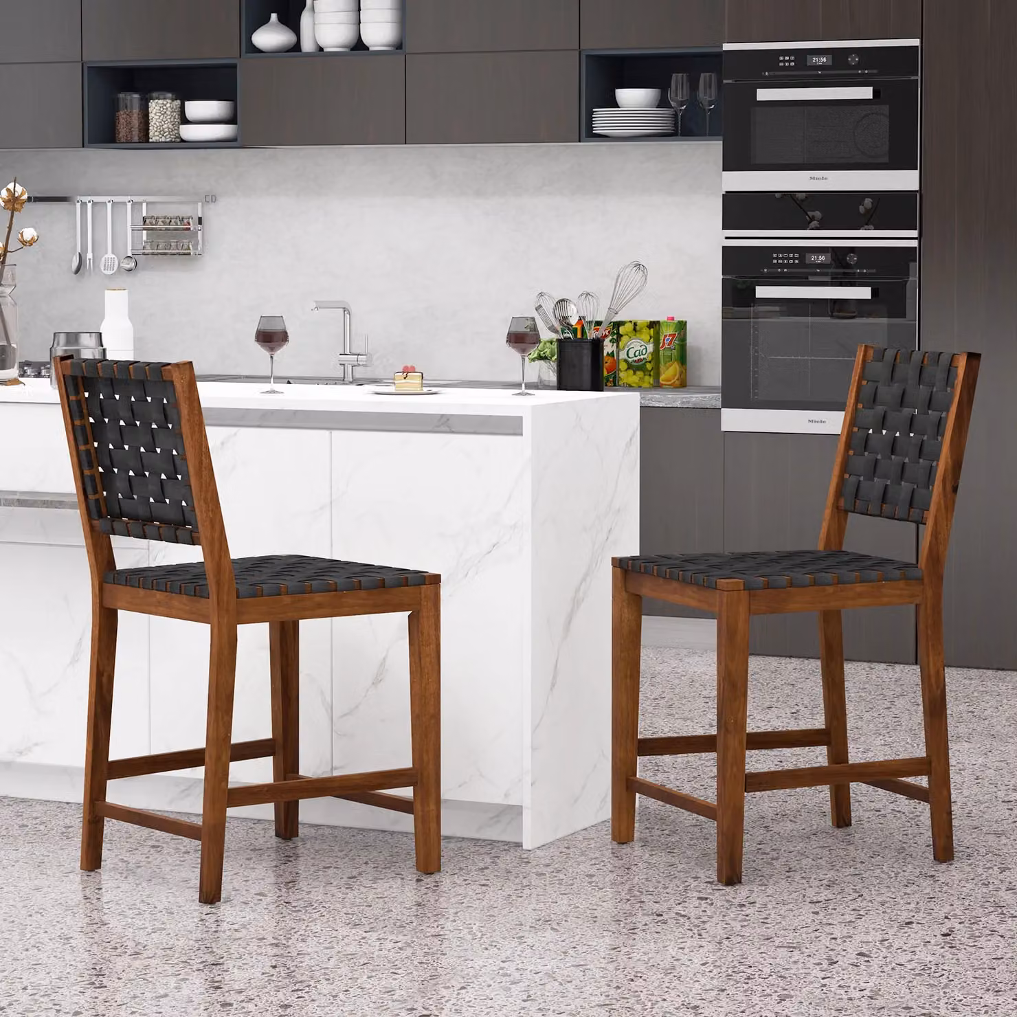 Costway Set of 2 Woven Counter Height Bar Stools in Brown with Faux PU Leather Straps – 4