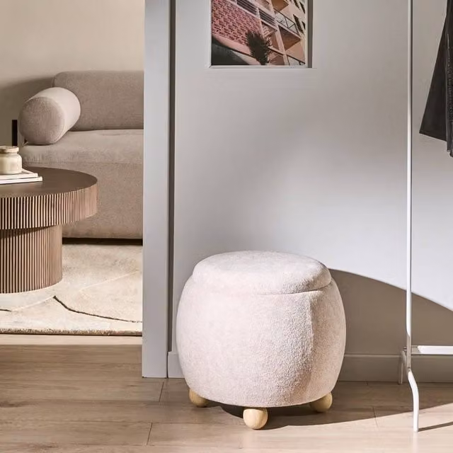 Wyld and Coco Teddy Pouffe Light Beige Boucle Round Storage Footstool and Side Table – 1