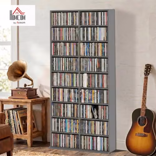 HOMCOM Modern Grey Media Storage Unit with Adjustable Shelves and Media Compartments, H 175 x W 78.5 x D 24 cm – 2