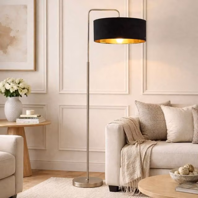 CGC Lighting Kyra Brushed Nickel Angled Floor Lamp with 45cm Black Velvet Lampshade – 1