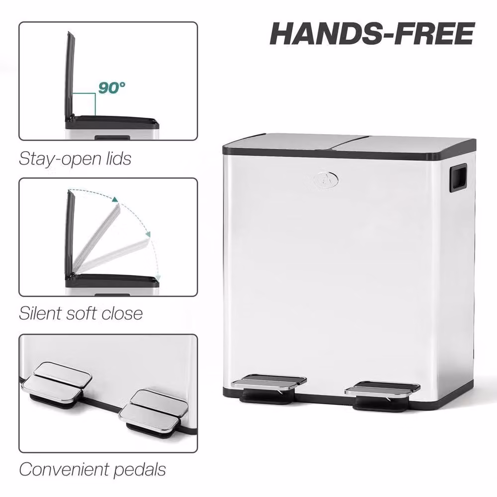 KORVIXA Silver Dual Kitchen Bin with 2 x 20L Capacity, Fingerprint-Proof Stainless Steel, W: 40.0 cm, D: 51.6 cm, H: 100.0 cm – 3