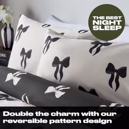 OHS Reversible Bow Printed Microfibre Bedding Set with Duvet Cover and Pillowcases, White and Black, 200 x 200 cm – 5