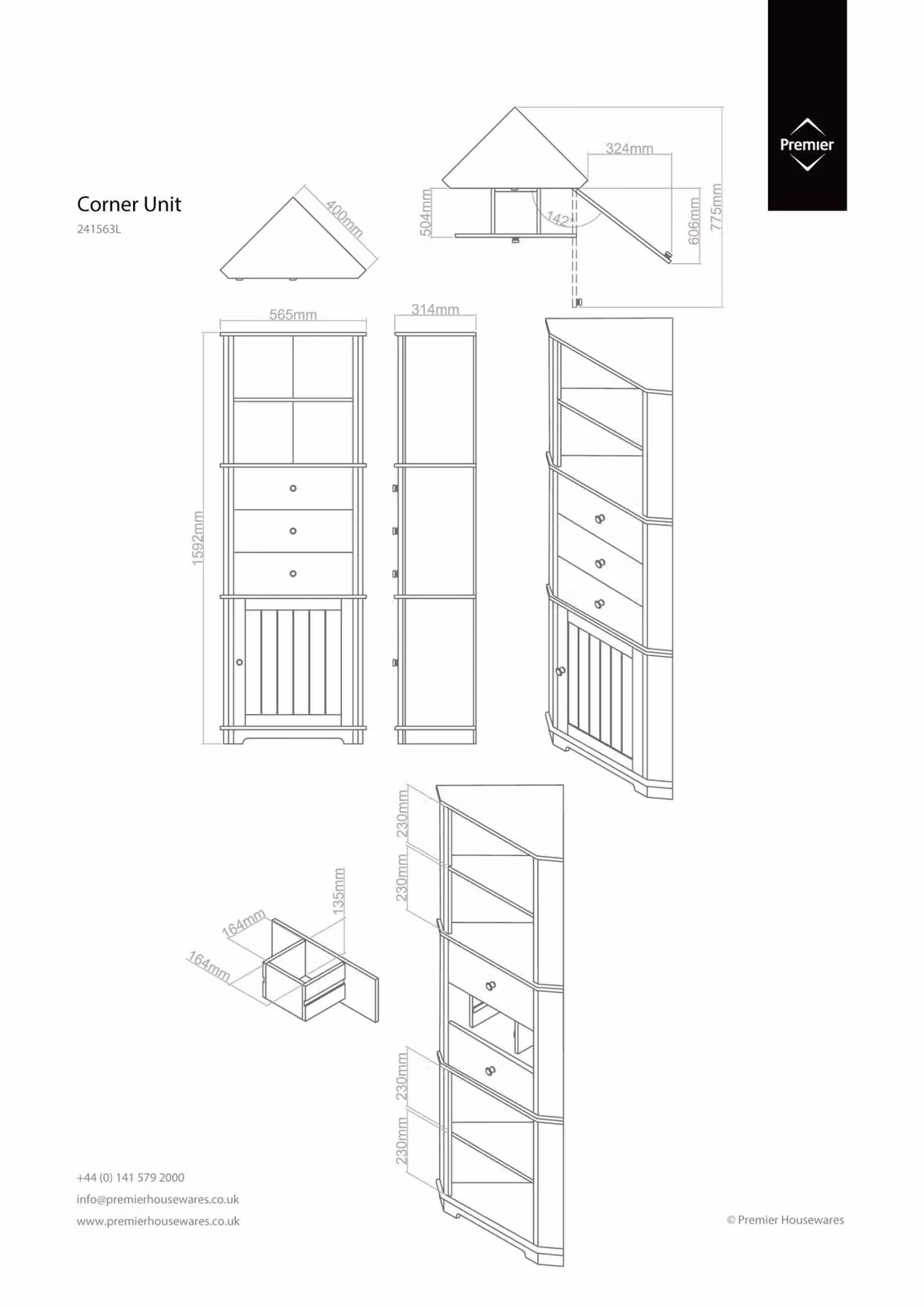 Orsina Modern White Corner Unit with Internal Shelves and Drawers, H: 161 x W: 55 x D: 32 cm – 2