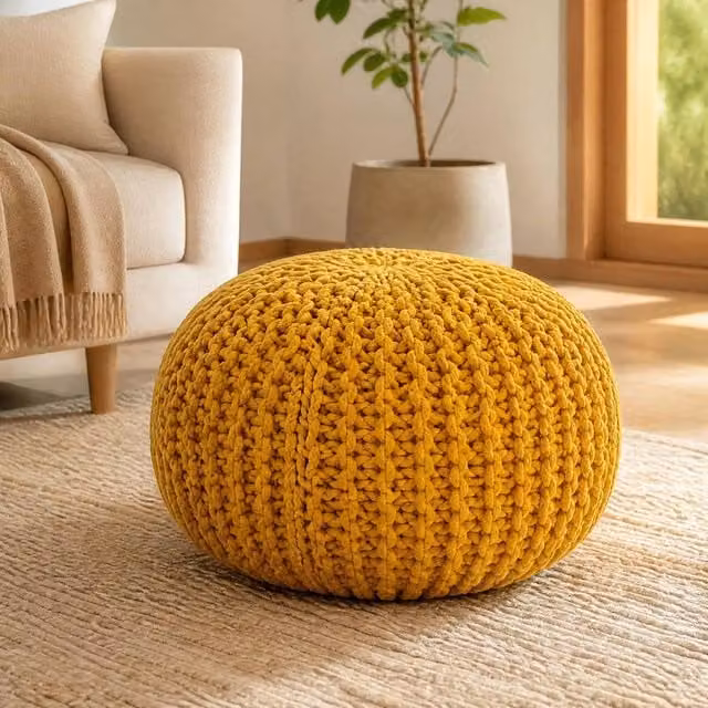 Bravich LTD Chunky Knitted Cotton Ottoman Footstool in Yellow, Diameter: 50 cm – 1