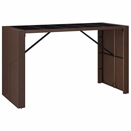 vidaXL Brown Poly Rattan Bar Table with Glass Top, W/D/H: 185 x 80 x 110 cm