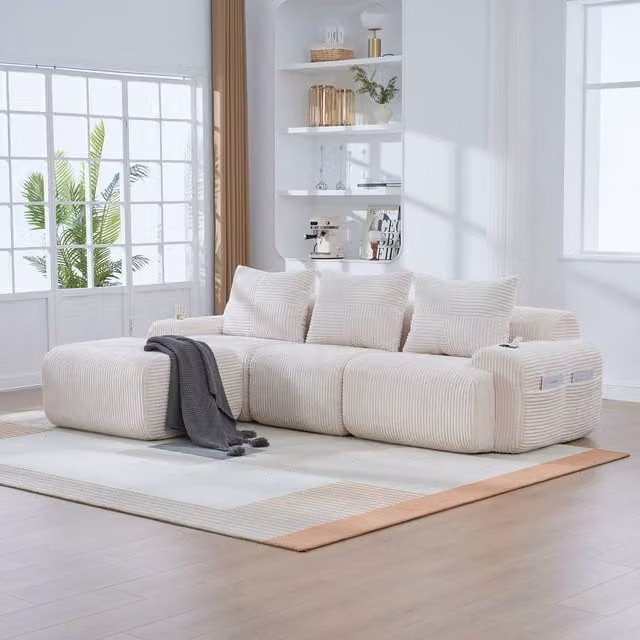 Matteo 3-Seater Modular Corduroy Sofa with Matching Ottomans and Cup Holders, Beige
