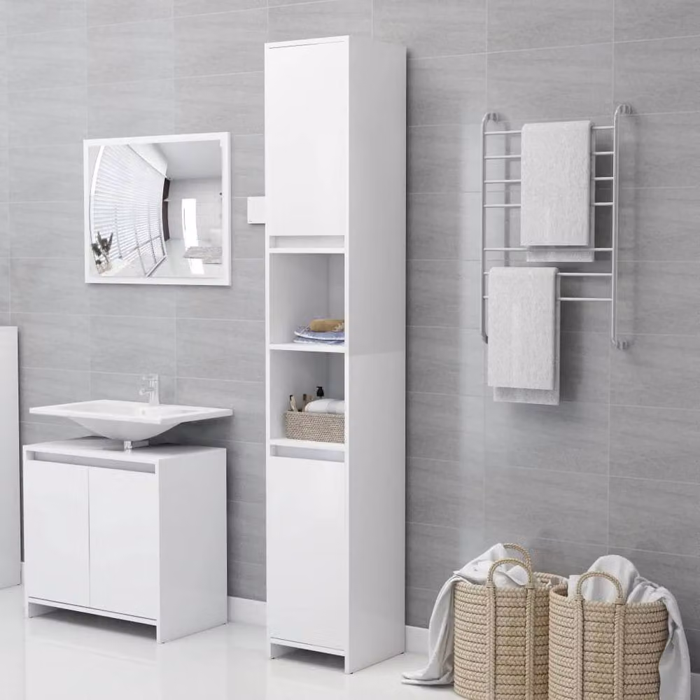 Berkfield Home 3 Piece Modern White Matt Bathroom Furniture Set including Tall Cabinet, Vanity Unit and Mirror Cabinet – 2