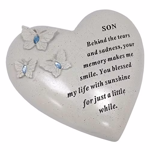 David Fischhoff Son Memorial Heart and Butterfly Ornament Plaque with Blue Gems in Off-White