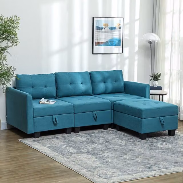 HOMCOM Modular L-Shape Sectional Sofa with Storage and Matching Ottoman, Reversible Fabric, Light Blue