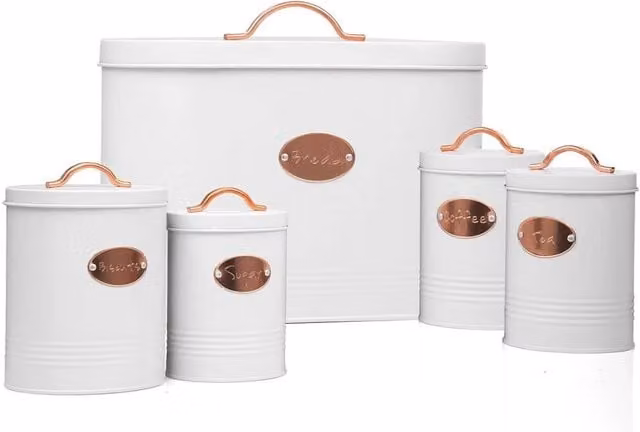SPETLEK 5-Piece Metal Kitchen Bread Bin and Storage Tin Set in White