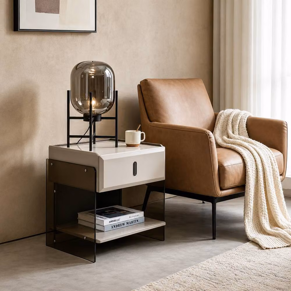 7seas Modern Bedside Table with Acrylic Side Panels in Beige, W: 48 cm, D: 39 cm, H: 46.5 cm – 5