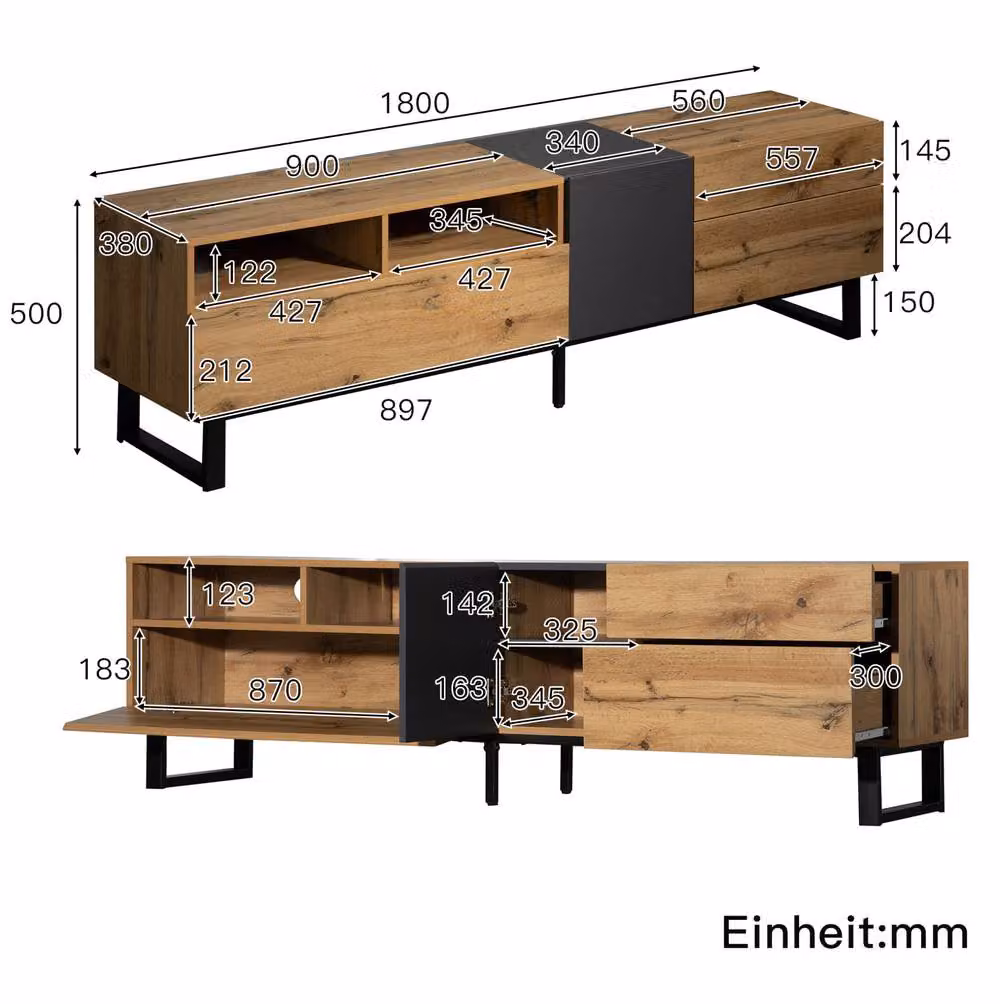 STILVORA Modern TV Stand with Drawers and Storage in Brown and Black, Width: 180 cm – 2