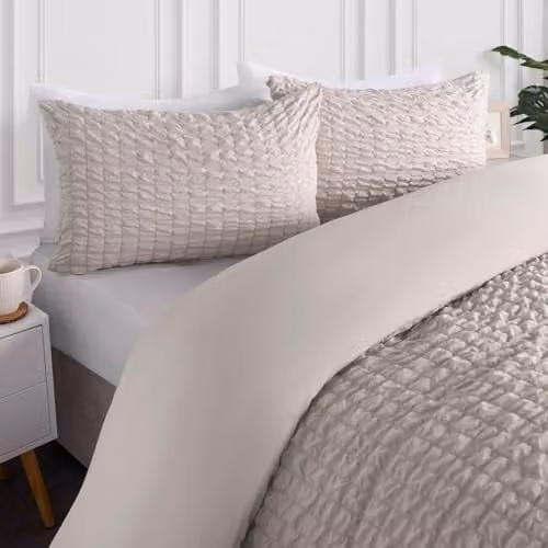 OHS Seersucker Double Duvet Cover Set with Matching Pillowcases in Sand/Beige, W/D/H: 200 x 200 x 50 x 75 cm