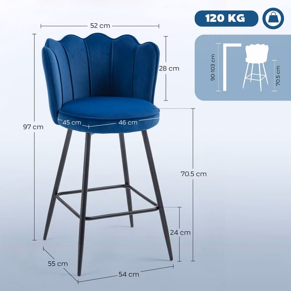 STILVORA Set of 2 Modern Velvet Bar Stools with Metal Legs in Blue – 2