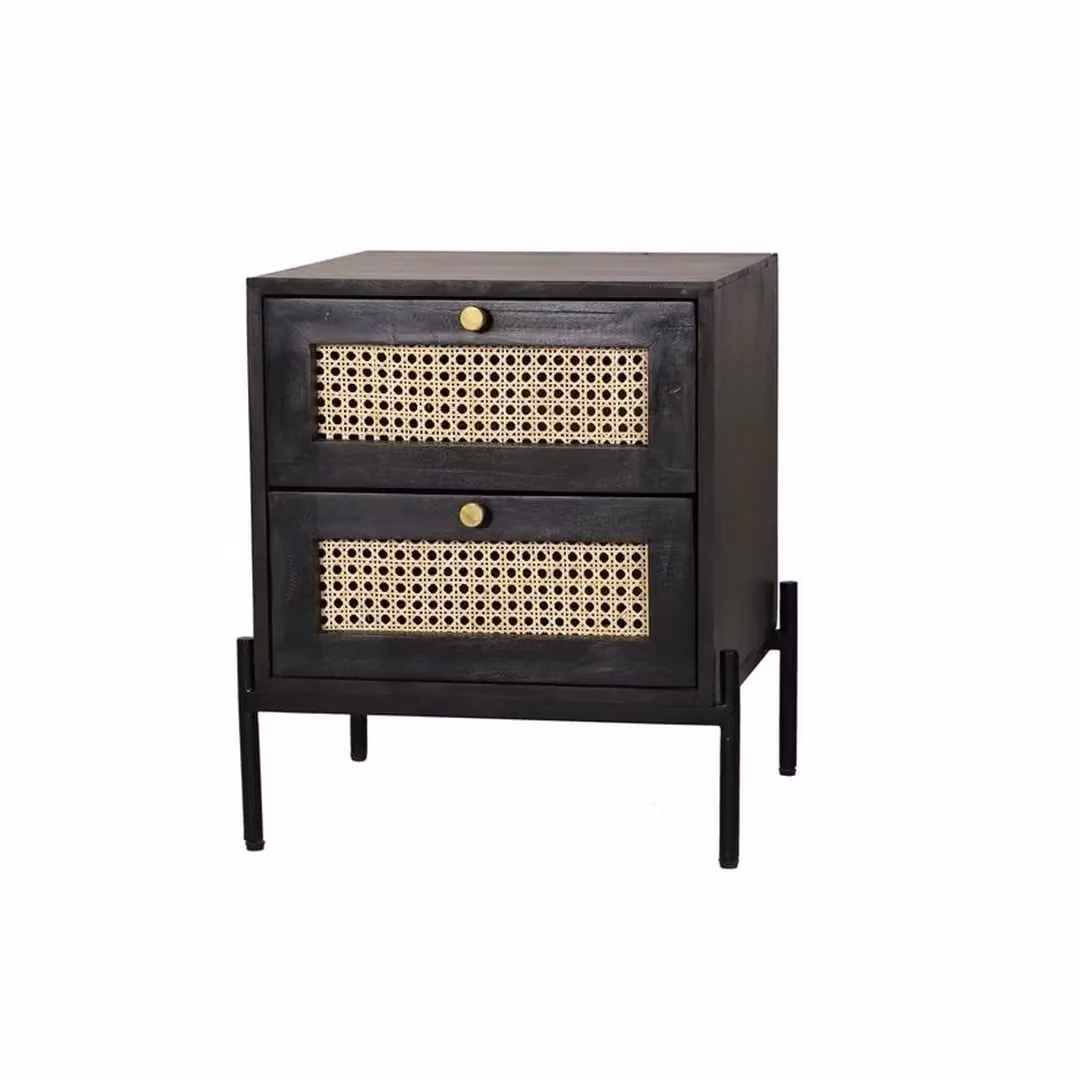Jaipur Furniture Ltd Rattan Bedside Table with 2 Drawers, Mango Wood and Iron in Black Finish, W: 45 cm, D: 45 cm, H: 55 cm – 2