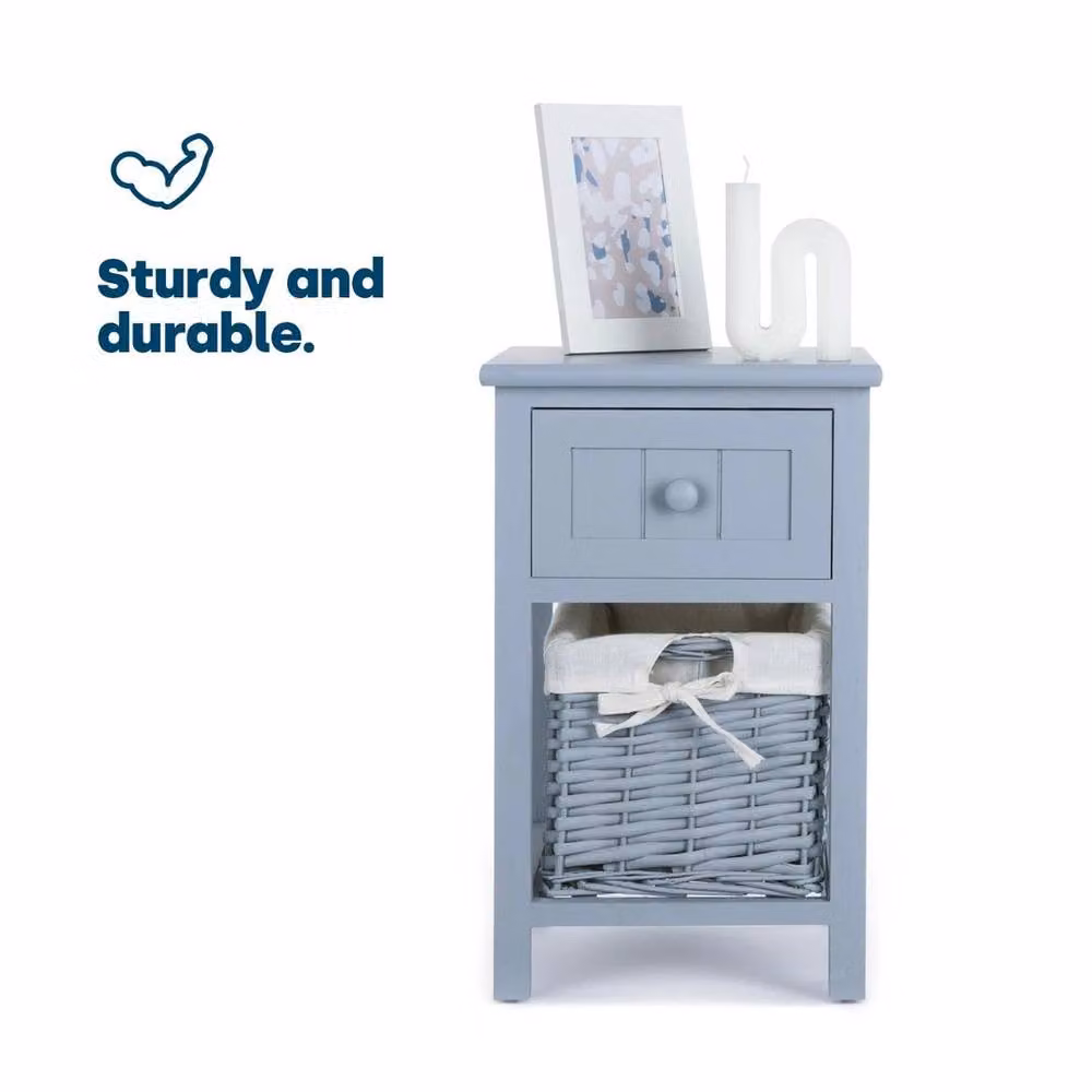 PAWNORA Grey Shabby Chic Bedside Table with Rattan Wicker Basket Drawer – 2