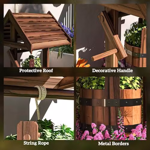 Outsunny Brown Wooden Wishing Well Planter with Adjustable Hanging Bucket – 6