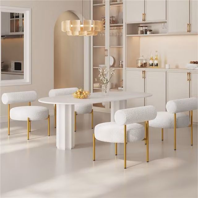 Yaheetech Modern White Boucle Accent Chair with Gold Metal Frame and Round Padded Seat