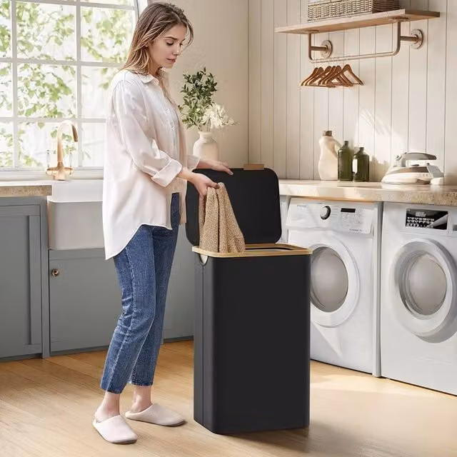 The Bazaarist Laundry Hamper with Lid, Removable Liner and Bamboo Handles, Black