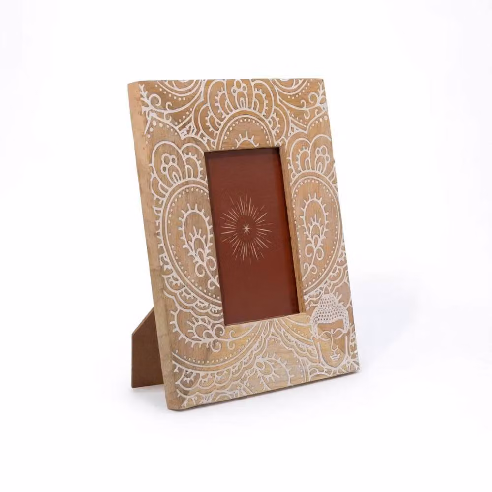 KDMD White and Brown Mango Wood Buddha Picture Frame for 10x15cm Photos, W/H/D: 26 x 20 x 2 cm – 2