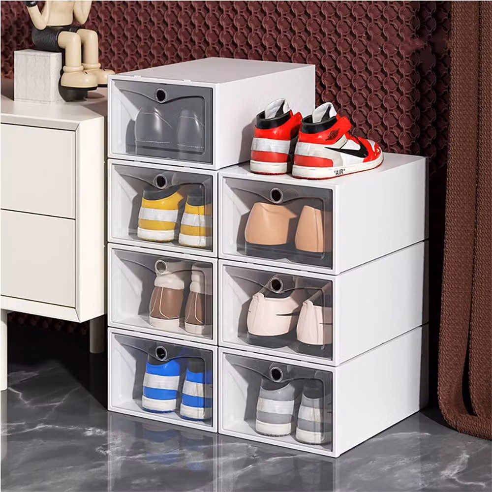 Kelvenix White and Transparent Plastic Stackable and Foldable Shoe Storage Drawer Boxes – 2