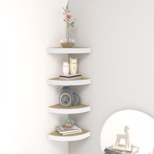 Berkfield Home Set of 4 Wall Mounted Corner Shelves in Oak and White MDF, W/D/H: 35 x 35 x 3.8 cm