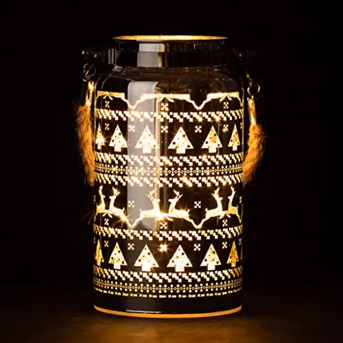 Shatchi Silver Christmas Decorated Jar Table Lamp with Etched Glass and LED Fairy Lights, H 16 cm x W 9 cm x D 9 cm – 3