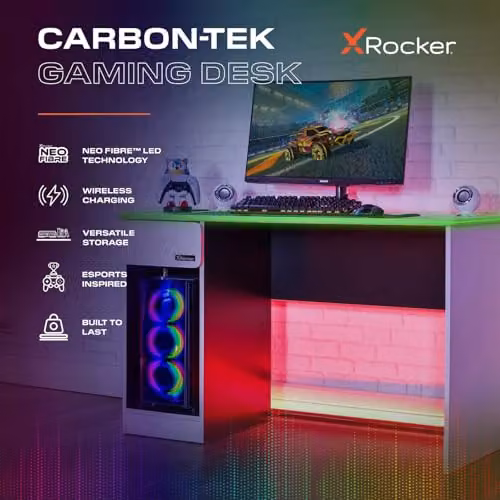 X Rocker Carbon-Tek LED Gaming Desk in White and Multicolour – 2