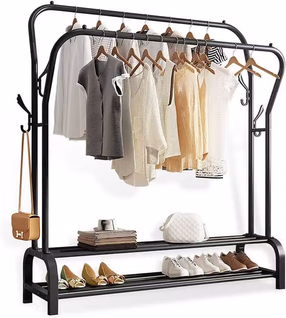 Dprodo Black Glossy Metal Freestanding Garment Rack with Dual Hook and Rail Matrix, H 145 cm x W 110 cm x D 33 cm – 1