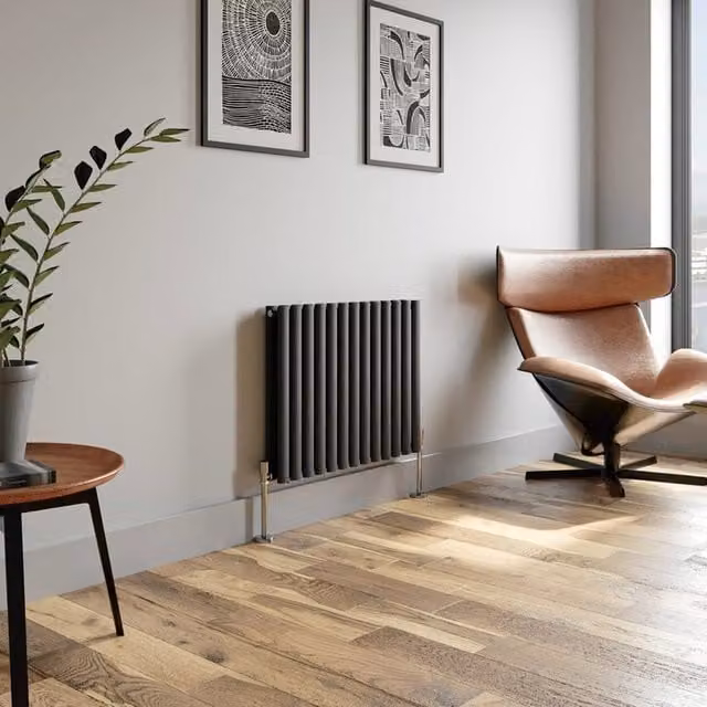 Temprazo Horizontal Oval Tube Double Panel Designer Radiator in Anthracite Grey, H 144 cm x W 60 cm x D 7.9 cm