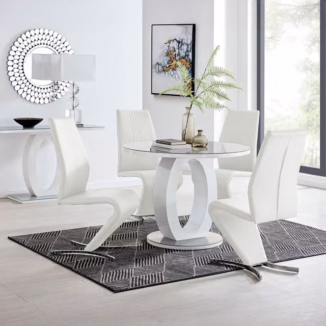 FurnitureboxUK Giovani Round Glass Dining Table and Four Willow Chairs Set in White and Grey