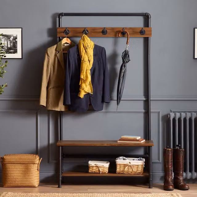 Julian Bowen Boston Industrial Hallway Stand with Bench and Shoe Rack in Black and Brown