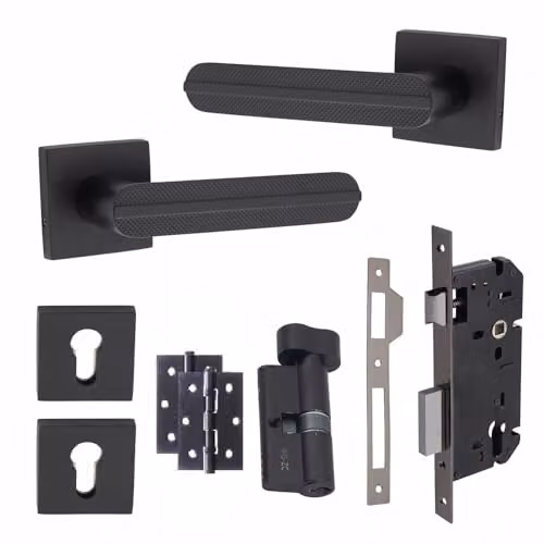 Golden Grace Modern Lima Euro Lock Door Handles with Rosette Set, Matt Black