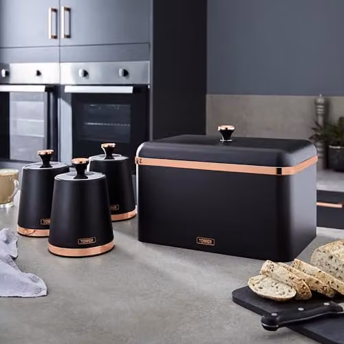Tower Cavaletto Bread Bin with Removable Lid and Set of 3 Airtight Storage Canisters for Coffee, Sugar and Tea in Black and Gold Stainless Steel – 4