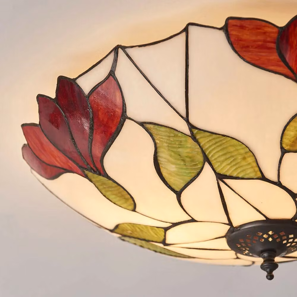 Loops Tiffany Glass Semi Flush Ceiling Light with Red Flower Round Inverted Shade in Multicolour and Bronze – 3
