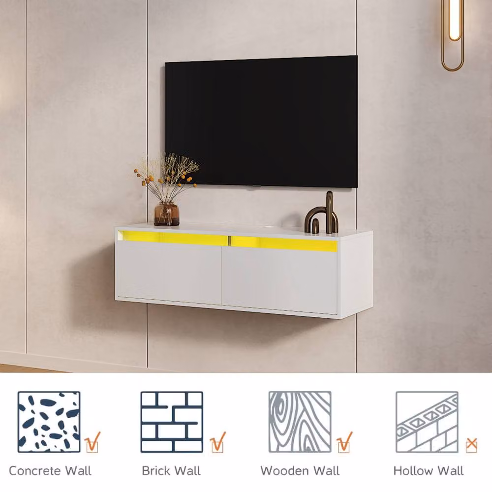 KEEPREAPER Modern Floating TV Stand with LED Lights in White for 32 to 50 Inch TVs – 4