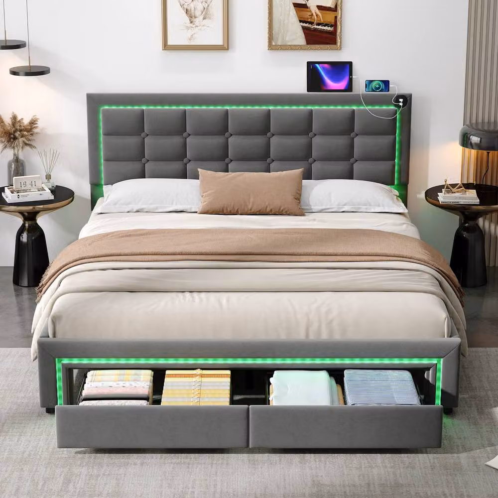 Rolipo King Size Grey Velvet Upholstered Ottoman Bed with Drawers, LED Lighting and USB Charging Port, W/D/H: 180 x 200 cm – 3