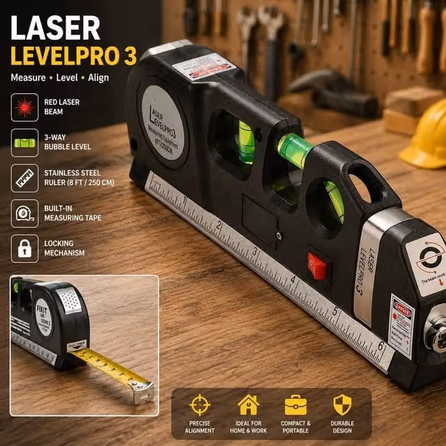 ATEK Multipurpose Laser Level and Spirit Level with 2.44 m Measuring Tape in Black