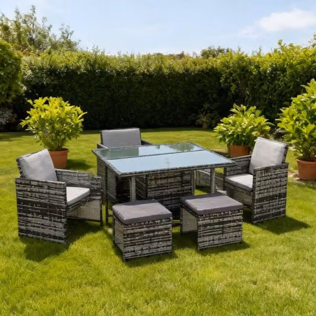ERGOVEXA 9 Piece Grey Rattan Cube Garden Furniture Dining Set with Armchairs and Glass Top Table