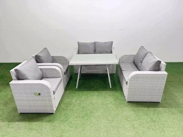 Fimous 6 Seater Rattan Garden Furniture Set in Light Grey with Upholstered Cushions and Coffee Table