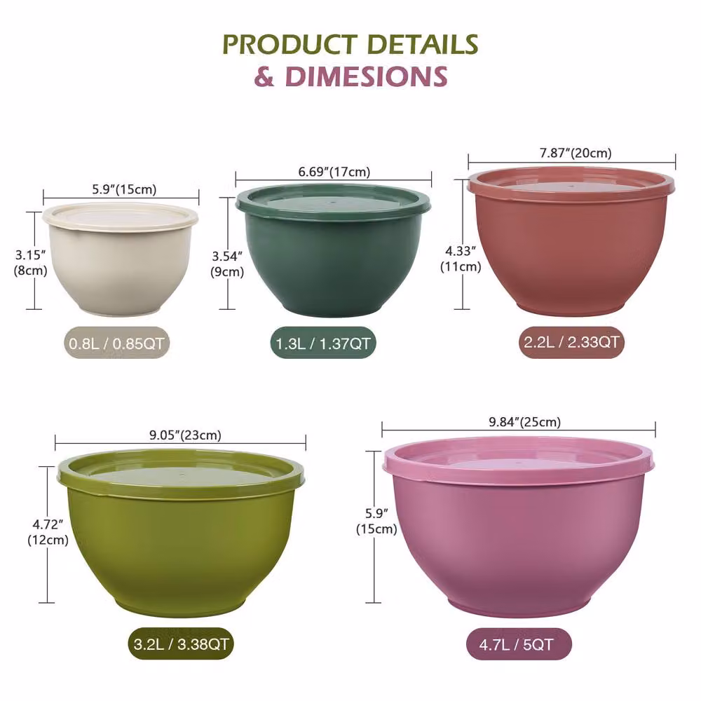 Greentainer 5 Piece Multicolour Nesting Plastic Mixing Bowls Set with Lids – 3