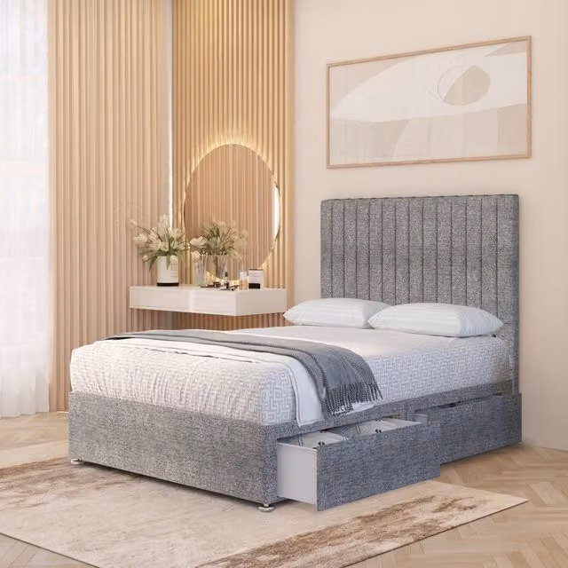 Somnior Beds Ltd Verona Tweed 4000 Pacific Pocket Spring Divan Bed Set with 54 inch Headboard and 4 Drawers, Grey/Silver, W/D/H: 120 x 200 x 135 cm