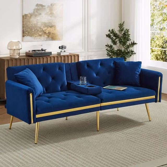 Aosom UK Blue Velvet Two-Seater Convertible Sofa Bed with Adjustable Backrest and High-Density Foam, W/D/H: 174 x 76 x 71.5 cm – 1