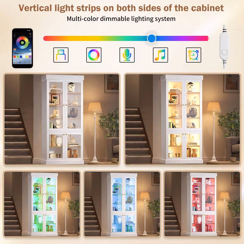Merax Modern Tall Glass Display Cabinet with Integrated Lighting in White, H 180 x W 40 x D 50 cm – 3