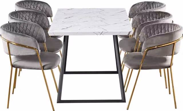 Life Interiors Atarah Toga LUX Grey and Gold Rectangular Marble Dining Set with 6 Chairs