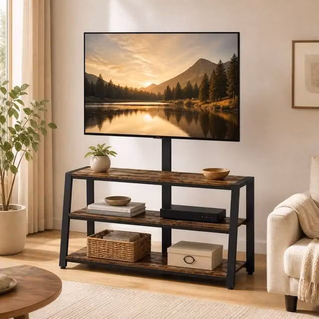 STILVORA Industrial TV Stand with Swivel Bracket and 3 Shelves in Brown and Black
