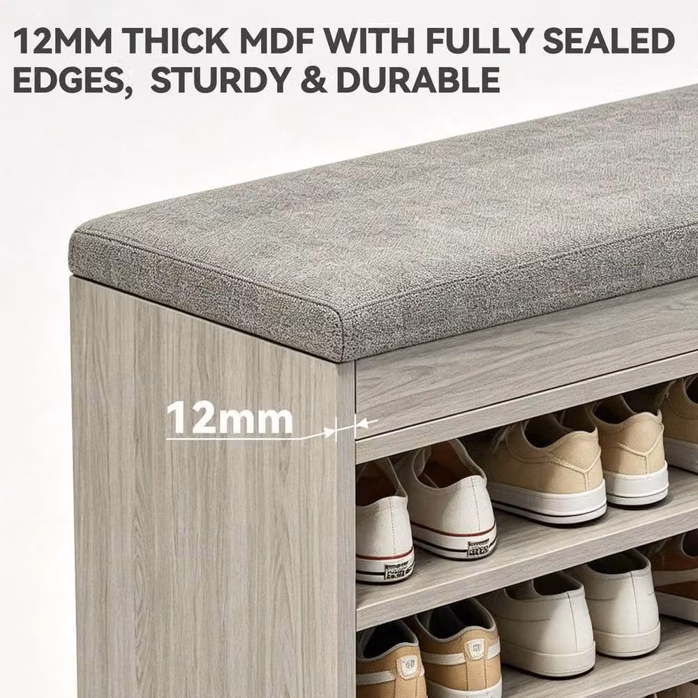 KORVIXA Grey Fabric Shoe Bench with Cushion Seat and Hallway Storage Rack Organiser – 2